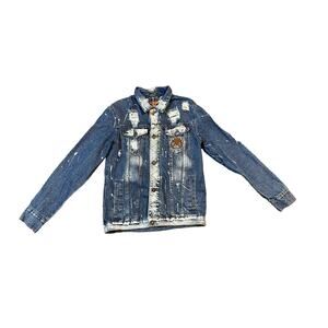 Rolling Paper Distressed Denim Jacket Size Small With Bear On Front